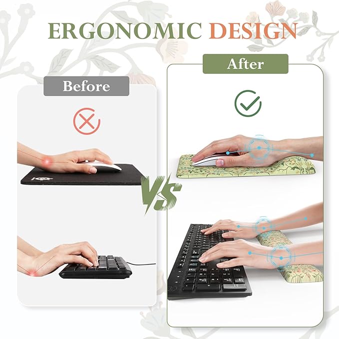 iCasso Mouse Pad with Wrist Rest,Large Desk Mat Set,Ergonomic Keyboard Pad with Wrist Support,Non-Slip Mouse Mat for Women,Cute Floral Computer Mat for Home Office Gaming (Bean Green)