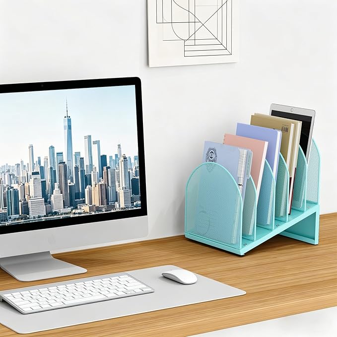 gianotter Desktop File Organizer, Desk Organizer with 5 Compartments, Paper Organizer for Desk, Workspace Organizers for Office Supplies (Blue, Inclined Style)