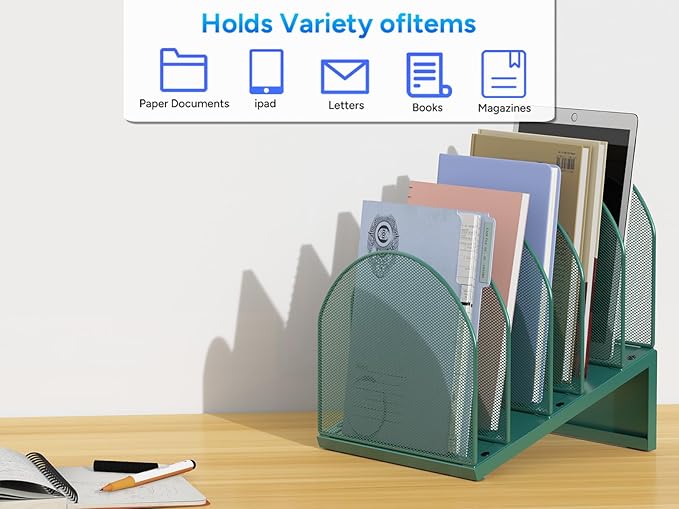 gianotter Desktop File Organizer, Desk Organizer with 5 Compartments, Paper Organizer for Desk, Workspace Organizers for Office Supplies (Green, Inclined Style)