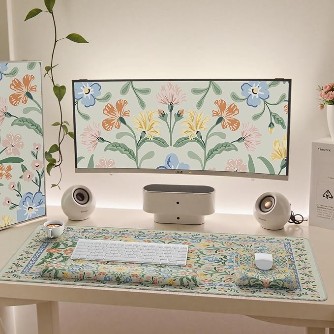 iCasso Mouse Pad with Wrist Rest,Large Desk Mat Set,Ergonomic Keyboard Pad with Wrist Support,Non-Slip Mouse Mat for Women,Cute Floral Computer Mat for Home Office Gaming (Light Green)