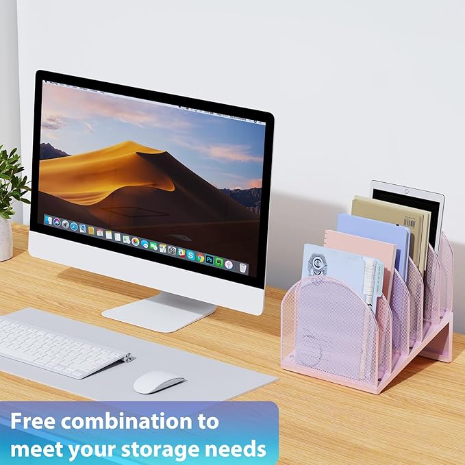 gianotter Desktop File Organizer, Desk Organizer with 5 Compartments, Paper Organizer for Desk, Workspace Organizers for Office Supplies (Pink, Inclined Style)