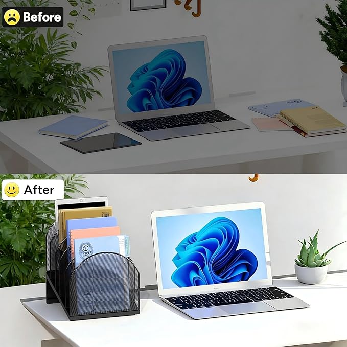 gianotter Desktop File Organizer, Desk Organizer with 5 Compartments, Paper Organizer for Desk, Workspace Organizers for Office Supplies (Black, Inclined Style)