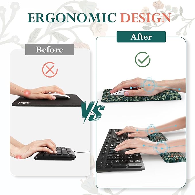 iCasso Mouse Pad with Wrist Rest,Large Desk Mat Set,Ergonomic Keyboard Pad with Wrist Support,Non-Slip Mouse Mat for Women,Cute Floral Computer Mat for Home Office Gaming (Deep Green)