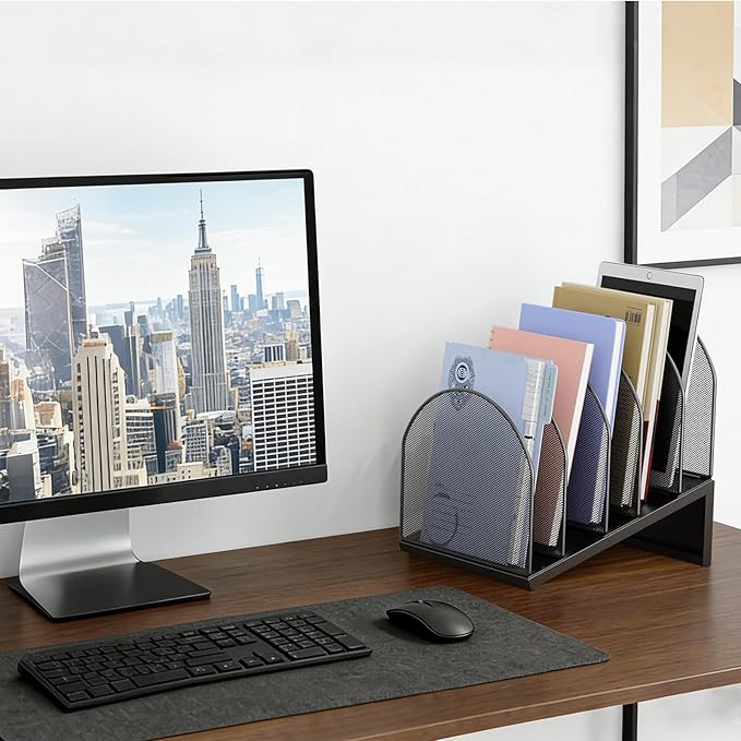 gianotter Desktop File Organizer, Desk Organizer with 5 Compartments, Paper Organizer for Desk, Workspace Organizers for Office Supplies (Black, Inclined Style)