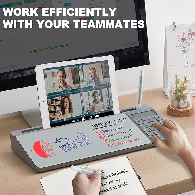 Small Glass Desktop Whiteboard Dry-Erase-Board - Computer Keyboard Stand with Calculator White Board Surface Pad with Drawer, Desk Organizers with Accessories for Office, Home, School Supplies - Grey
