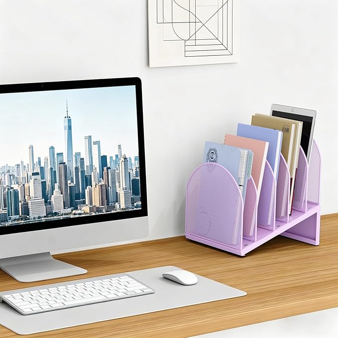 gianotter Desktop File Organizer, Desk Organizer with 5 Compartments, Paper Organizer for Desk, Workspace Organizers for Office Supplies (Purple, Inclined Style)