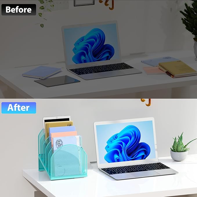 gianotter Desktop File Organizer, Desk Organizer with 5 Compartments, Paper Organizer for Desk, Workspace Organizers for Office Supplies (Blue, Inclined Style)
