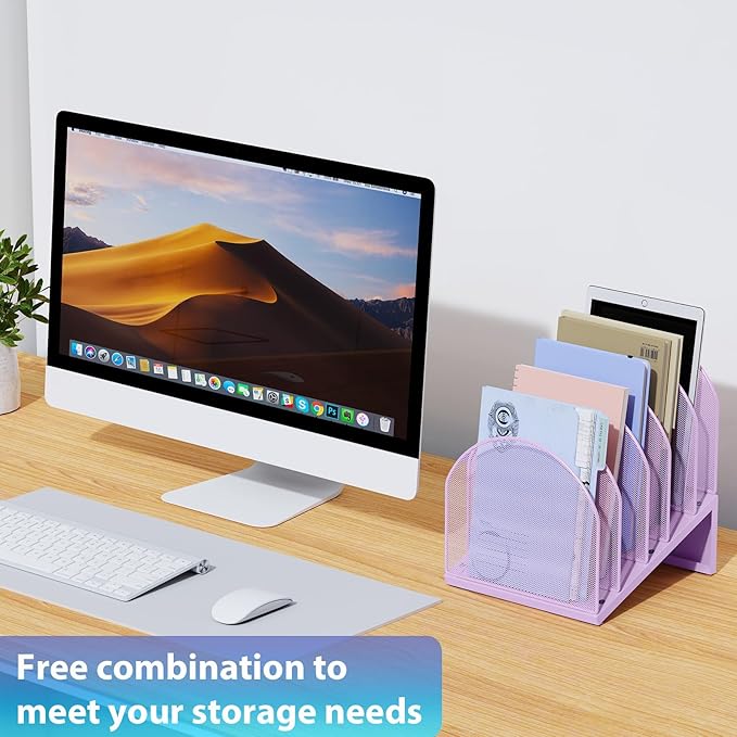 gianotter Desktop File Organizer, Desk Organizer with 5 Compartments, Paper Organizer for Desk, Workspace Organizers for Office Supplies (Purple, Inclined Style)