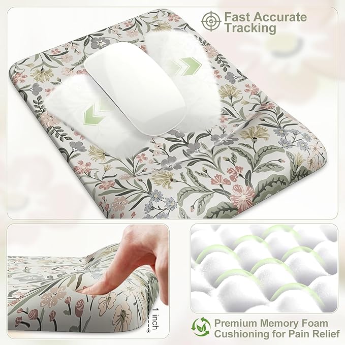iCasso Mouse Pad with Wrist Rest,Large Desk Mat Set,Ergonomic Keyboard Pad with Wrist Support,Non-Slip Mouse Mat for Women,Cute Floral Computer Mat for Home Office Gaming (Gray)