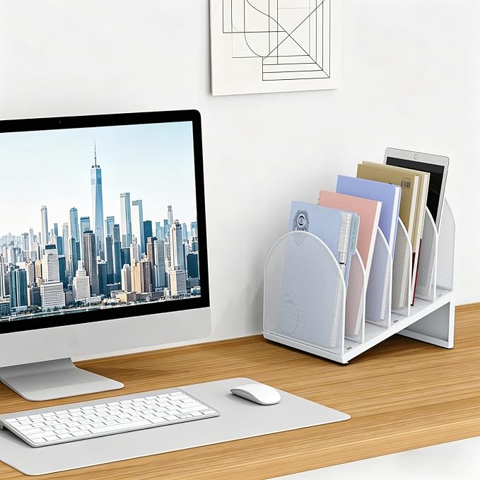 gianotter Desktop File Organizer, Desk Organizer with 5 Compartments, Paper Organizer for Desk, Workspace Organizers for Office Supplies (White, Inclined Style)