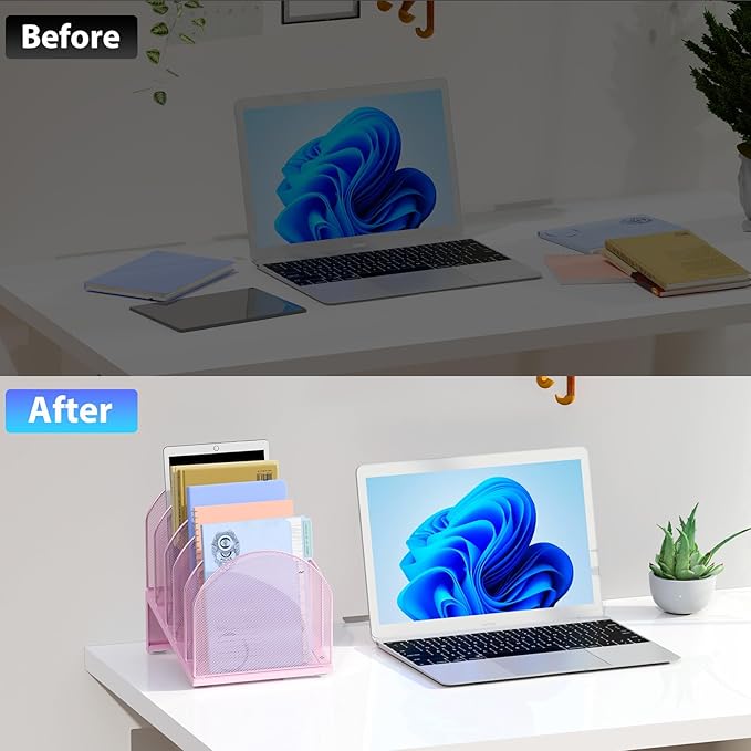 gianotter Desktop File Organizer, Desk Organizer with 5 Compartments, Paper Organizer for Desk, Workspace Organizers for Office Supplies (Pink, Inclined Style)