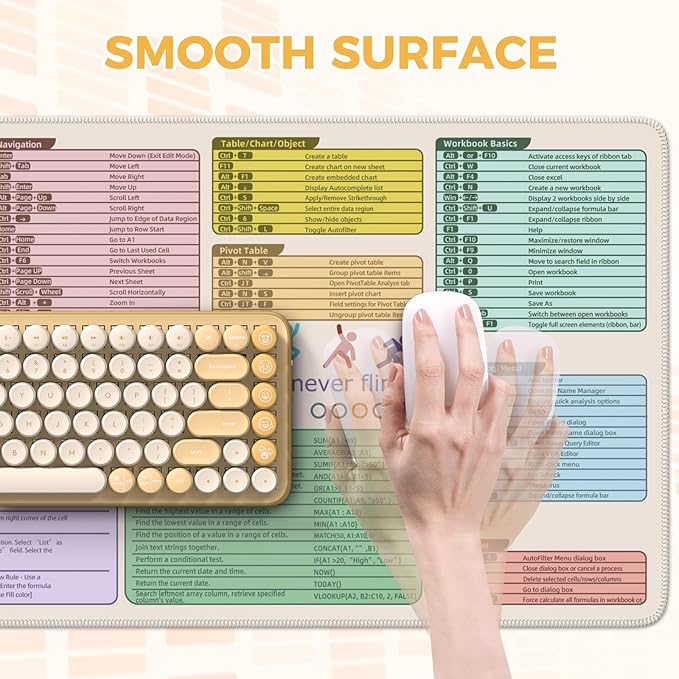 iCasso Excell Cheat Sheet Desk Mat, Excel Mouse Pad Shortcuts, Extended Large XXL Non-Slip Exel Mousepad with Stitched Edges,Keyboard Mats for Desktop Protector