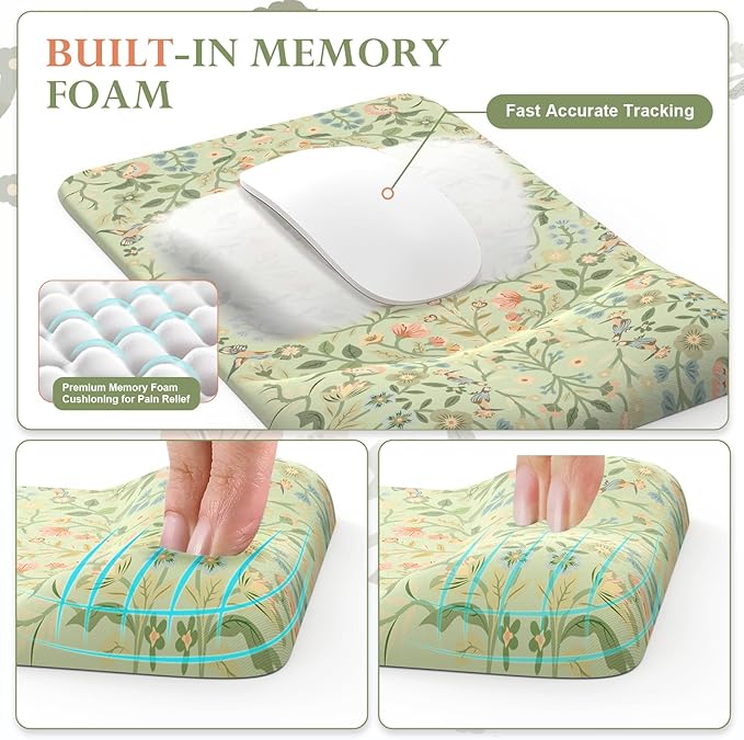iCasso Mouse Pad with Wrist Rest,Large Desk Mat Set,Ergonomic Keyboard Pad with Wrist Support,Non-Slip Mouse Mat for Women,Cute Floral Computer Mat for Home Office Gaming (Bean Green)