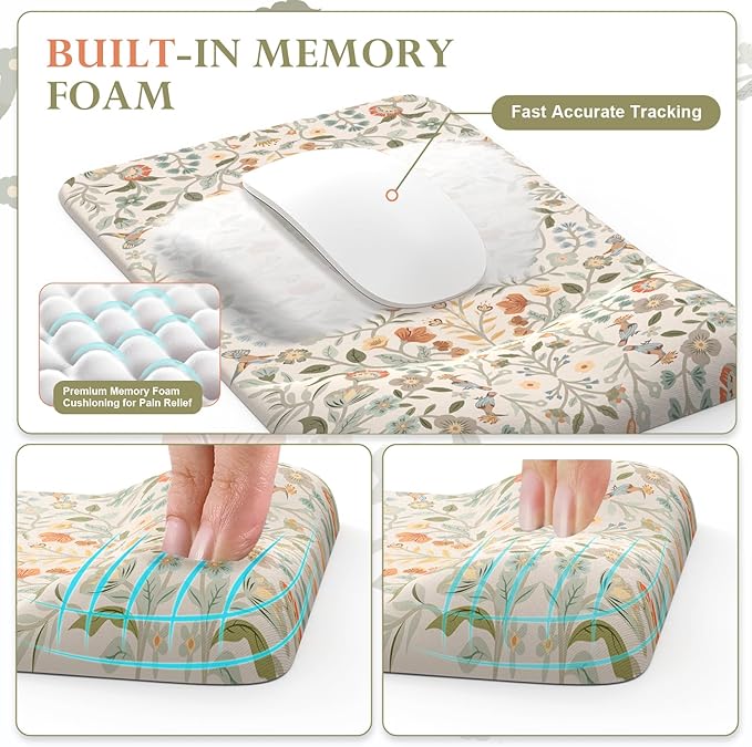 iCasso Mouse Pad with Wrist Rest,Large Desk Mat Set,Ergonomic Keyboard Pad with Wrist Support,Non-Slip Mouse Mat for Women,Cute Floral Computer Mat for Home Office Gaming (Beige)