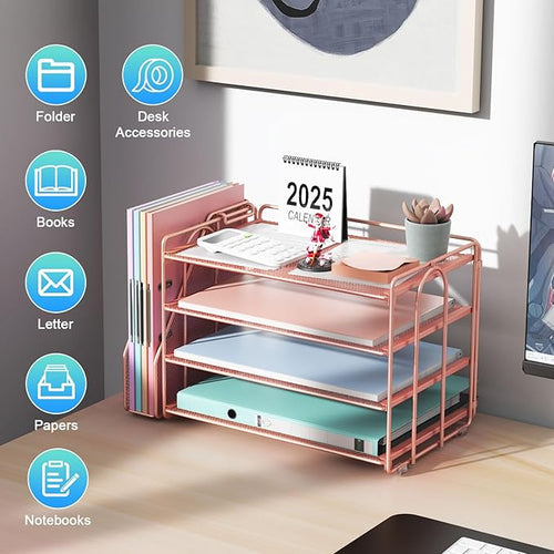 gianotter 4-Tier Paper Organizer With Magazine Holder, Desk Organizers and Accessories, Desk Accessories & Workspace Organizers, File Organizer for Office Supplies Storag (Rose Gold, 4-Tier)