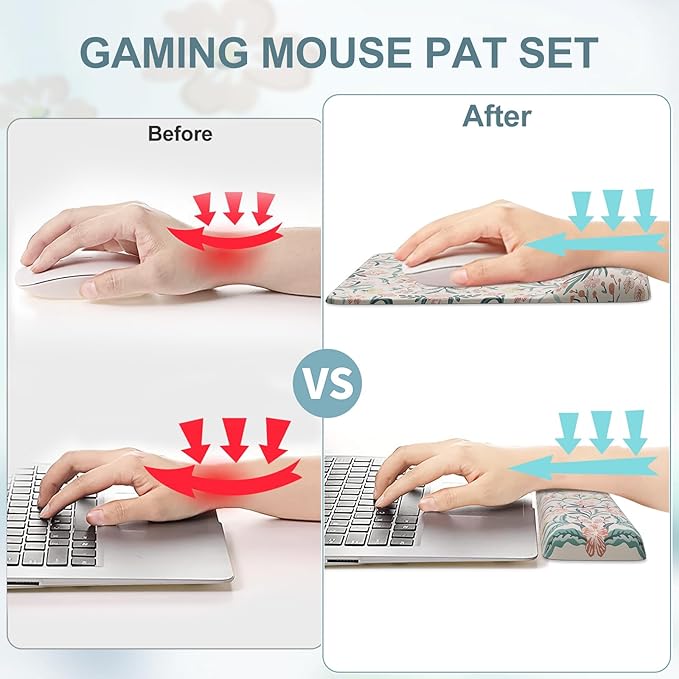 iCasso Mouse Pad with Wrist Rest,Large Desk Mat Set,Ergonomic Keyboard Pad with Wrist Support,Non-Slip Mouse Mat for Women,Cute Floral Computer Mat for Home Office Gaming (Pink)