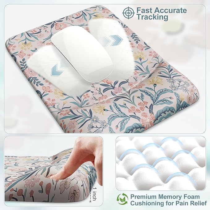 iCasso Mouse Pad with Wrist Rest,Large Desk Mat Set,Ergonomic Keyboard Pad with Wrist Support,Non-Slip Mouse Mat for Women,Cute Floral Computer Mat for Home Office Gaming (Pink)