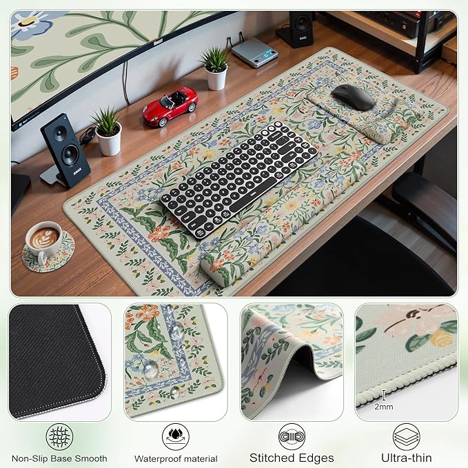 iCasso Mouse Pad with Wrist Rest,Large Desk Mat Set,Ergonomic Keyboard Pad with Wrist Support,Non-Slip Mouse Mat for Women,Cute Floral Computer Mat for Home Office Gaming (Light Green)