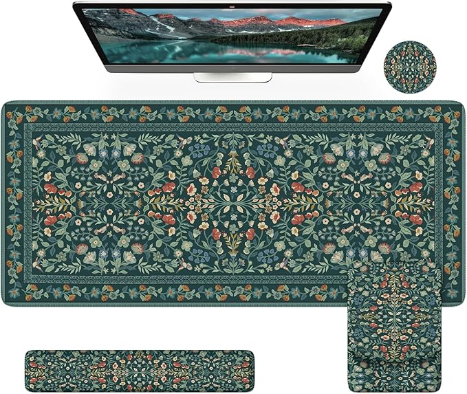 iCasso Mouse Pad with Wrist Rest,Large Desk Mat Set,Ergonomic Keyboard Pad with Wrist Support,Non-Slip Mouse Mat for Women,Cute Floral Computer Mat for Home Office Gaming (Deep Green)