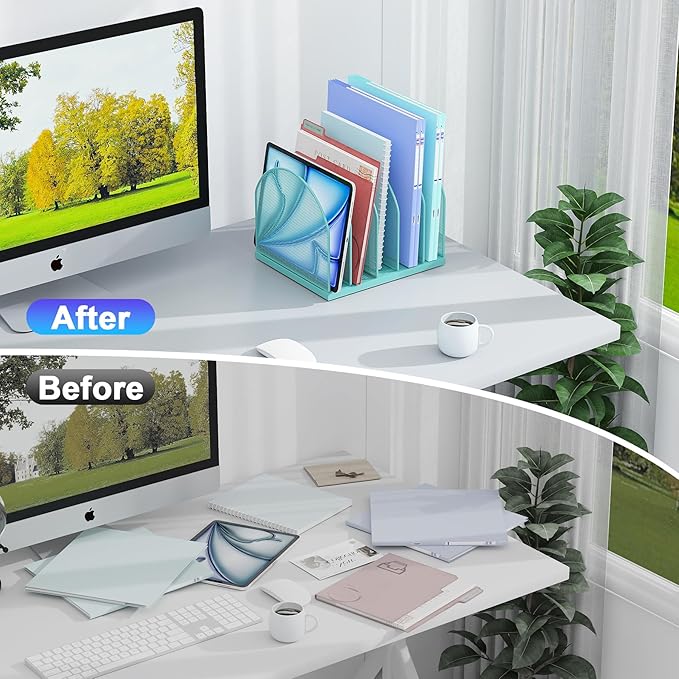 gianotter Desktop File Organizer, Desk Organizer with 5 Compartments, Paper Organizer for Desk, Workspace Organizers for Office Supplies (Blue, Upright Style)