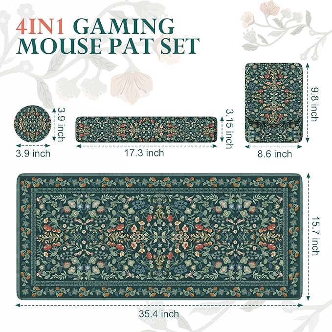 iCasso Mouse Pad with Wrist Rest,Large Desk Mat Set,Ergonomic Keyboard Pad with Wrist Support,Non-Slip Mouse Mat for Women,Cute Floral Computer Mat for Home Office Gaming (Deep Green)
