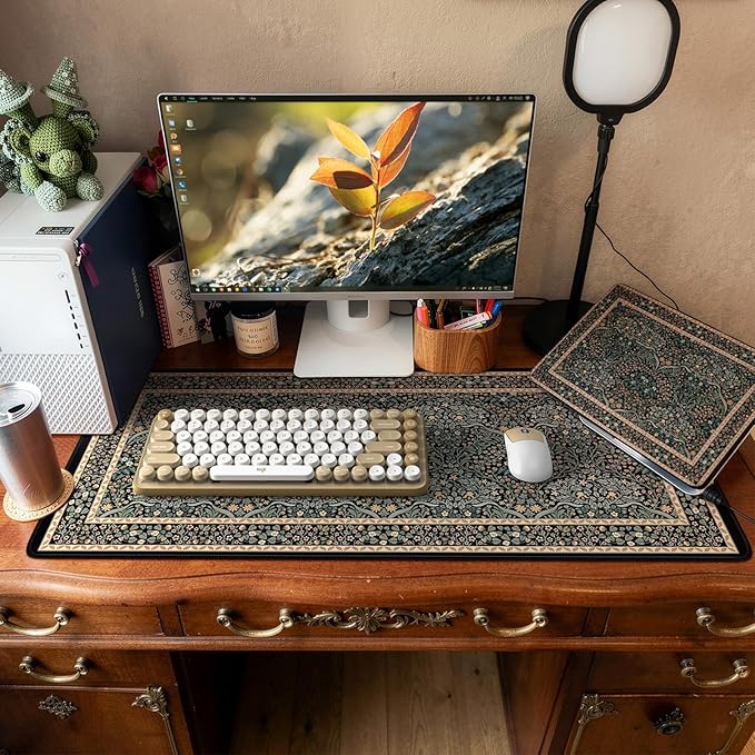 iCasso Desk Cover Mat, Office Mouse Pad, Desk Protector Mat, Extra Large Matt for Desktop,Anti-Slip XXL Big Mousepad with Stitched Edges for Computer Keyboard Retro Black
