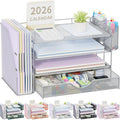gianotter Desk Organizers and Accessories with File Holder, 4-Tier Desk Accessories & Workspace Organizers with Drawer and 2 Pen Holder, Paper Organizer for Office Supplies (Grey)
