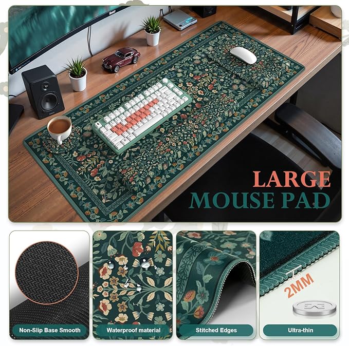 iCasso Mouse Pad with Wrist Rest,Large Desk Mat Set,Ergonomic Keyboard Pad with Wrist Support,Non-Slip Mouse Mat for Women,Cute Floral Computer Mat for Home Office Gaming (Deep Green)