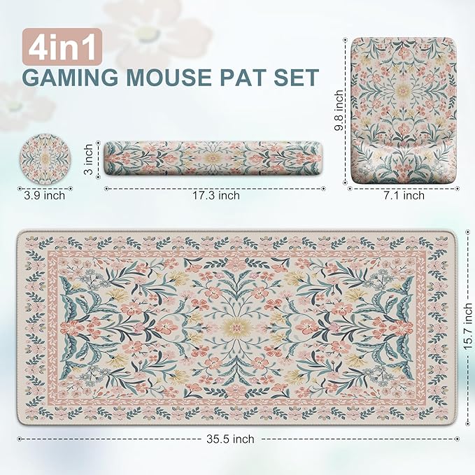 iCasso Mouse Pad with Wrist Rest,Large Desk Mat Set,Ergonomic Keyboard Pad with Wrist Support,Non-Slip Mouse Mat for Women,Cute Floral Computer Mat for Home Office Gaming (Pink)