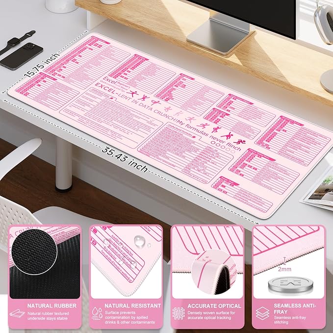 iCasso Pink Excel Cheat Sheet Desk Mat with Excel for Dummies,Excel Shortcuts Mousepad, Extended Large XXL Non-Slip Exel Mousepad with Stitched Edges,Computer Mats for Desktop Protector
