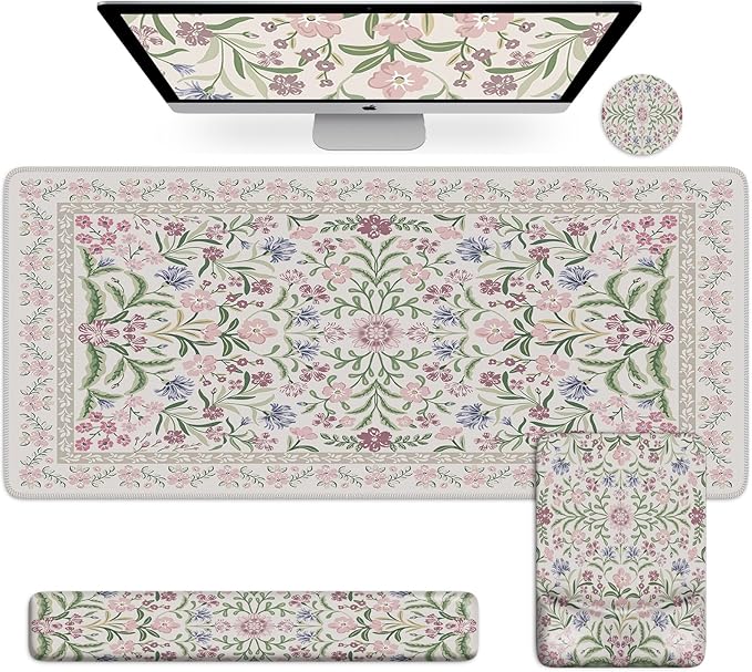 iCasso Mouse Pad with Wrist Rest,Large Desk Mat Set,Ergonomic Keyboard Pad with Wrist Support,Non-Slip Mouse Mat for Women,Cute Floral Computer Mat for Home Office Gaming (Purple)