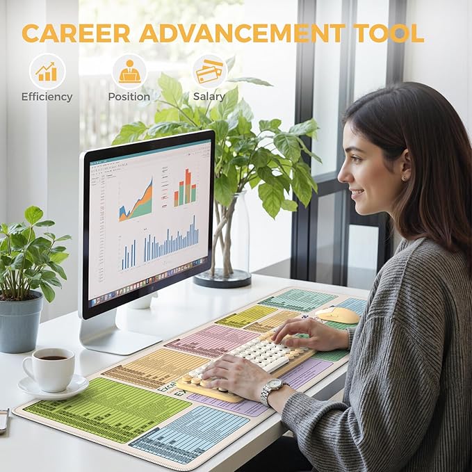 iCasso Excell Cheat Sheet Desk Mat, Excel Mouse Pad Shortcuts, Extended Large XXL Non-Slip Exel Mousepad with Stitched Edges,Keyboard Mats for Desktop Protector