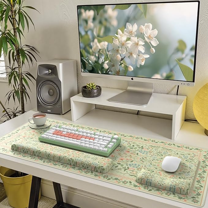 iCasso Mouse Pad with Wrist Rest,Large Desk Mat Set,Ergonomic Keyboard Pad with Wrist Support,Non-Slip Mouse Mat for Women,Cute Floral Computer Mat for Home Office Gaming (Bean Green)