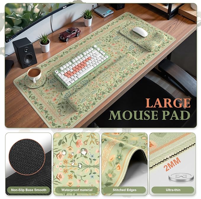 iCasso Mouse Pad with Wrist Rest,Large Desk Mat Set,Ergonomic Keyboard Pad with Wrist Support,Non-Slip Mouse Mat for Women,Cute Floral Computer Mat for Home Office Gaming (Bean Green)