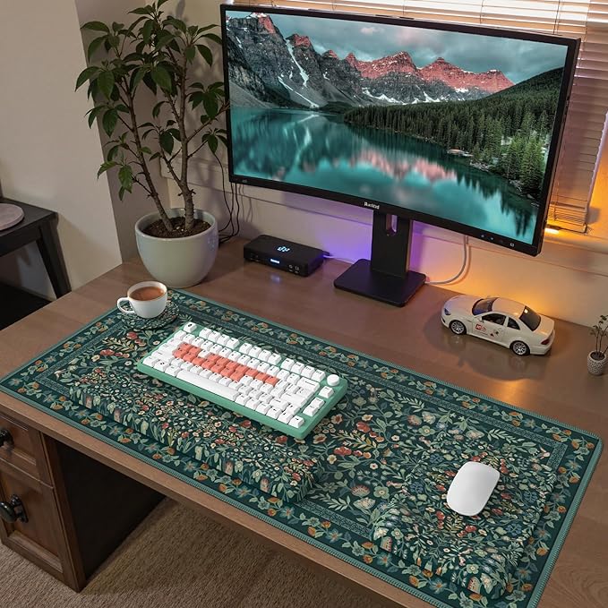 iCasso Mouse Pad with Wrist Rest,Large Desk Mat Set,Ergonomic Keyboard Pad with Wrist Support,Non-Slip Mouse Mat for Women,Cute Floral Computer Mat for Home Office Gaming (Deep Green)
