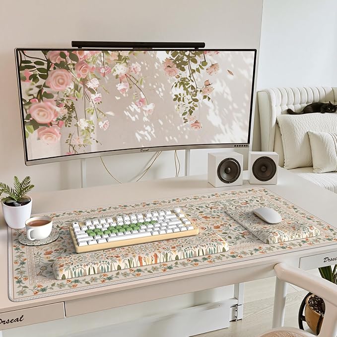 iCasso Mouse Pad with Wrist Rest,Large Desk Mat Set,Ergonomic Keyboard Pad with Wrist Support,Non-Slip Mouse Mat for Women,Cute Floral Computer Mat for Home Office Gaming (Beige)