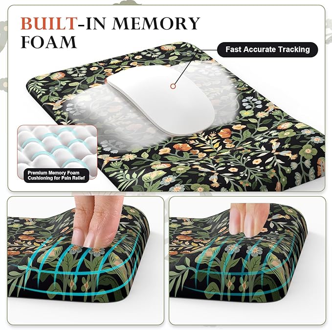 iCasso Mouse Pad with Wrist Rest,Large Desk Mat Set,Ergonomic Keyboard Pad with Wrist Support,Non-Slip Mouse Mat for Women,Cute Floral Computer Mat for Home Office Gaming (Black)