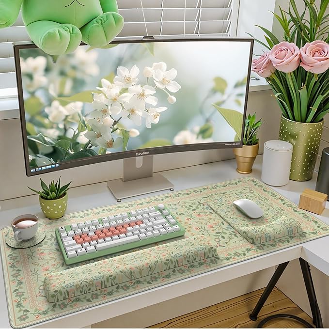 iCasso Mouse Pad with Wrist Rest,Large Desk Mat Set,Ergonomic Keyboard Pad with Wrist Support,Non-Slip Mouse Mat for Women,Cute Floral Computer Mat for Home Office Gaming (Bean Green)