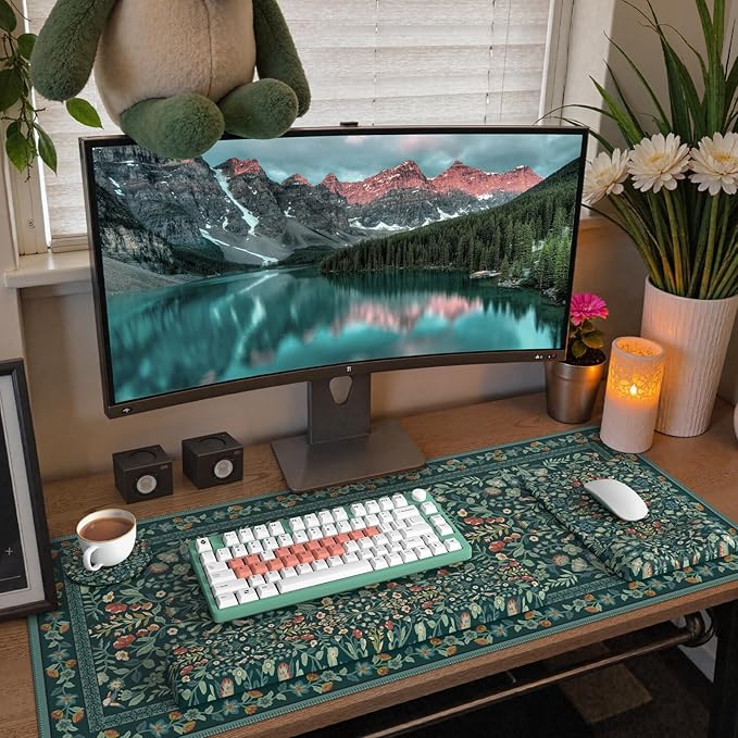 iCasso Mouse Pad with Wrist Rest,Large Desk Mat Set,Ergonomic Keyboard Pad with Wrist Support,Non-Slip Mouse Mat for Women,Cute Floral Computer Mat for Home Office Gaming (Deep Green)