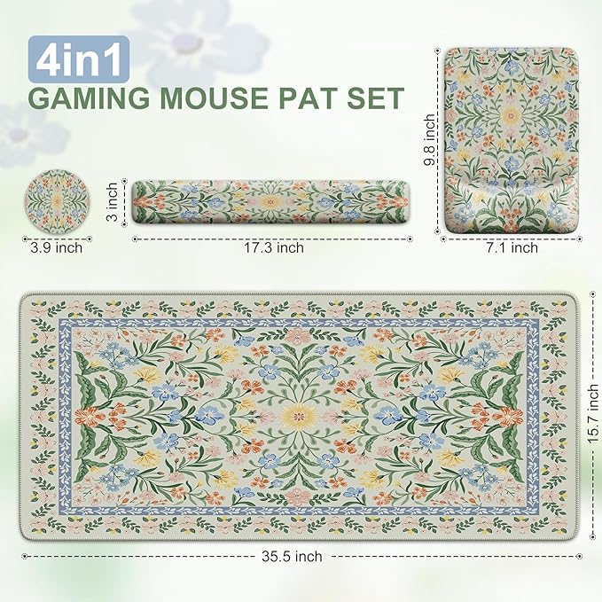 iCasso Mouse Pad with Wrist Rest,Large Desk Mat Set,Ergonomic Keyboard Pad with Wrist Support,Non-Slip Mouse Mat for Women,Cute Floral Computer Mat for Home Office Gaming (Light Green)