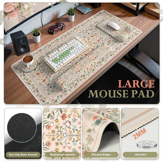 iCasso Mouse Pad with Wrist Rest,Large Desk Mat Set,Ergonomic Keyboard Pad with Wrist Support,Non-Slip Mouse Mat for Women,Cute Floral Computer Mat for Home Office Gaming (Beige)