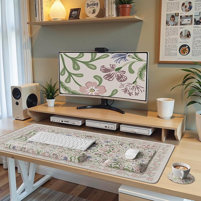 iCasso Mouse Pad with Wrist Rest,Large Desk Mat Set,Ergonomic Keyboard Pad with Wrist Support,Non-Slip Mouse Mat for Women,Cute Floral Computer Mat for Home Office Gaming (Purple)