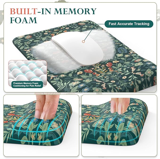iCasso Mouse Pad with Wrist Rest,Large Desk Mat Set,Ergonomic Keyboard Pad with Wrist Support,Non-Slip Mouse Mat for Women,Cute Floral Computer Mat for Home Office Gaming (Deep Green)