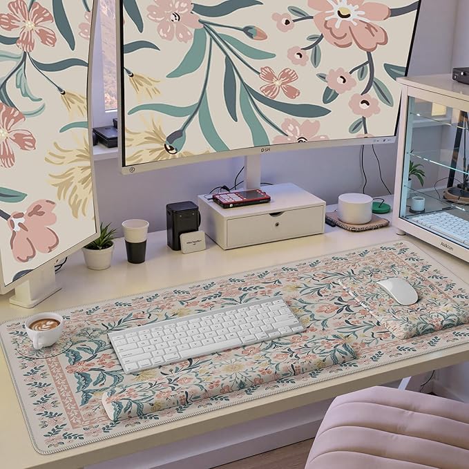 iCasso Mouse Pad with Wrist Rest,Large Desk Mat Set,Ergonomic Keyboard Pad with Wrist Support,Non-Slip Mouse Mat for Women,Cute Floral Computer Mat for Home Office Gaming (Pink)