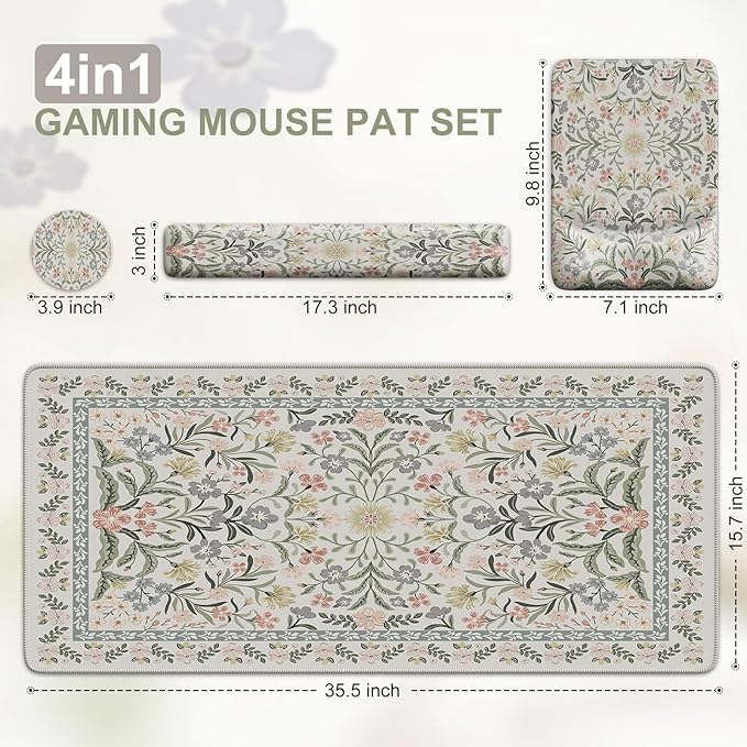 iCasso Mouse Pad with Wrist Rest,Large Desk Mat Set,Ergonomic Keyboard Pad with Wrist Support,Non-Slip Mouse Mat for Women,Cute Floral Computer Mat for Home Office Gaming (Gray)
