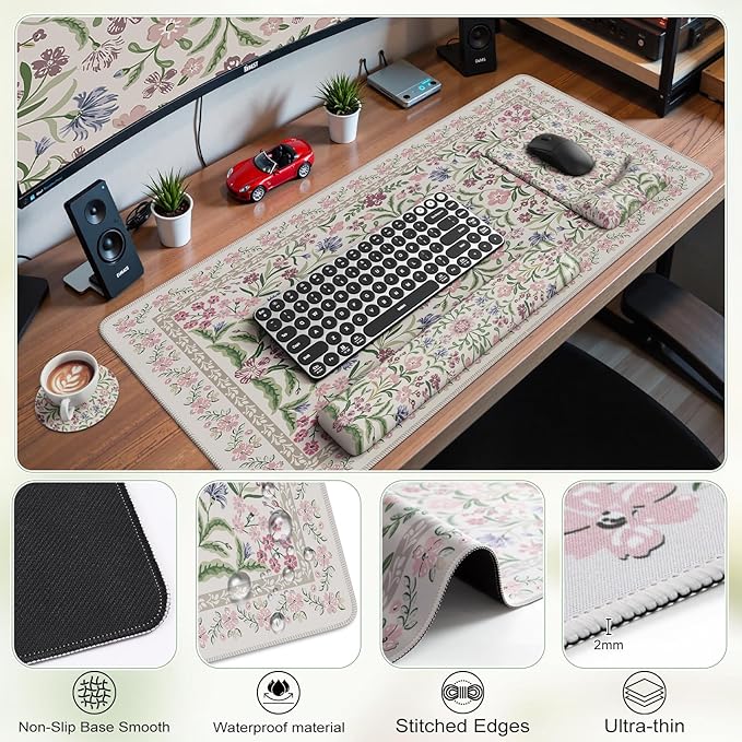 iCasso Mouse Pad with Wrist Rest,Large Desk Mat Set,Ergonomic Keyboard Pad with Wrist Support,Non-Slip Mouse Mat for Women,Cute Floral Computer Mat for Home Office Gaming (Purple)