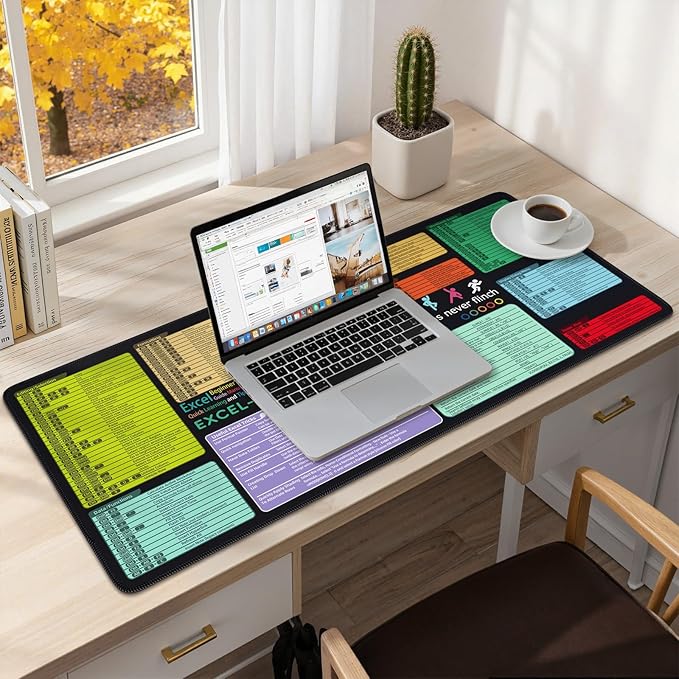iCasso Excell Cheat Sheet Desk Mat, Excel Mouse Pad Shortcuts, Extended Large XXL Non-Slip Exel Mousepad with Stitched Edges,Keyboard Mats for Desktop Protector