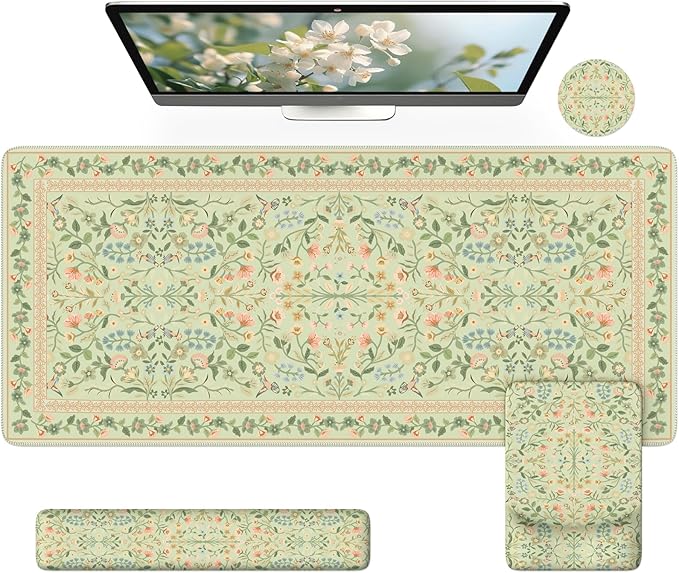 iCasso Mouse Pad with Wrist Rest,Large Desk Mat Set,Ergonomic Keyboard Pad with Wrist Support,Non-Slip Mouse Mat for Women,Cute Floral Computer Mat for Home Office Gaming (Bean Green)
