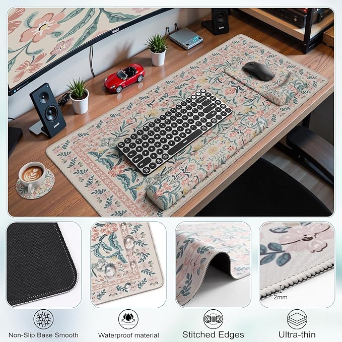 iCasso Mouse Pad with Wrist Rest,Large Desk Mat Set,Ergonomic Keyboard Pad with Wrist Support,Non-Slip Mouse Mat for Women,Cute Floral Computer Mat for Home Office Gaming (Pink)