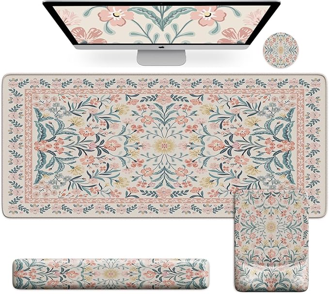 iCasso Mouse Pad with Wrist Rest,Large Desk Mat Set,Ergonomic Keyboard Pad with Wrist Support,Non-Slip Mouse Mat for Women,Cute Floral Computer Mat for Home Office Gaming (Pink)
